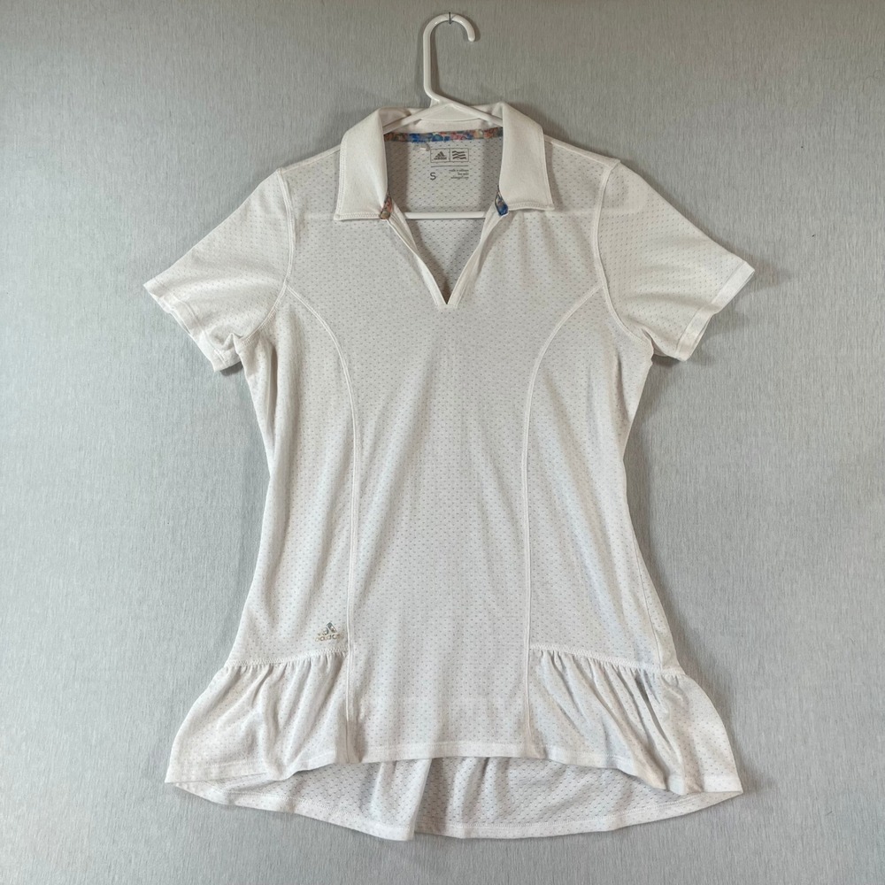 Adidas Golf Top Womens S White Pointelle Mesh V-Neck Polo Shirt Ruffle Hem
